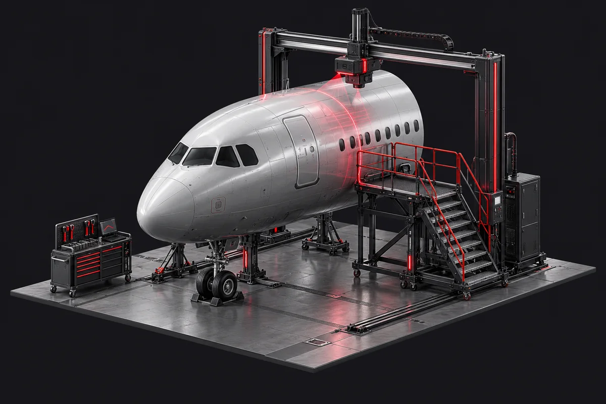 A camera gantry inspecting an aircraft in a maintenance hangar