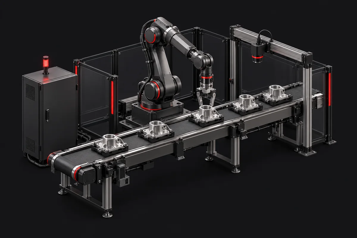 A factory cell with a robot arm and a vision camera at work