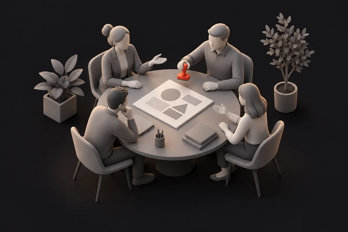 Four people discussing a proposal at a round table, one raising a stamp