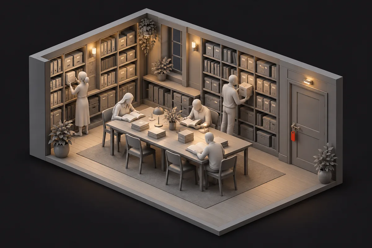 People working with records inside an archive room with a locked door