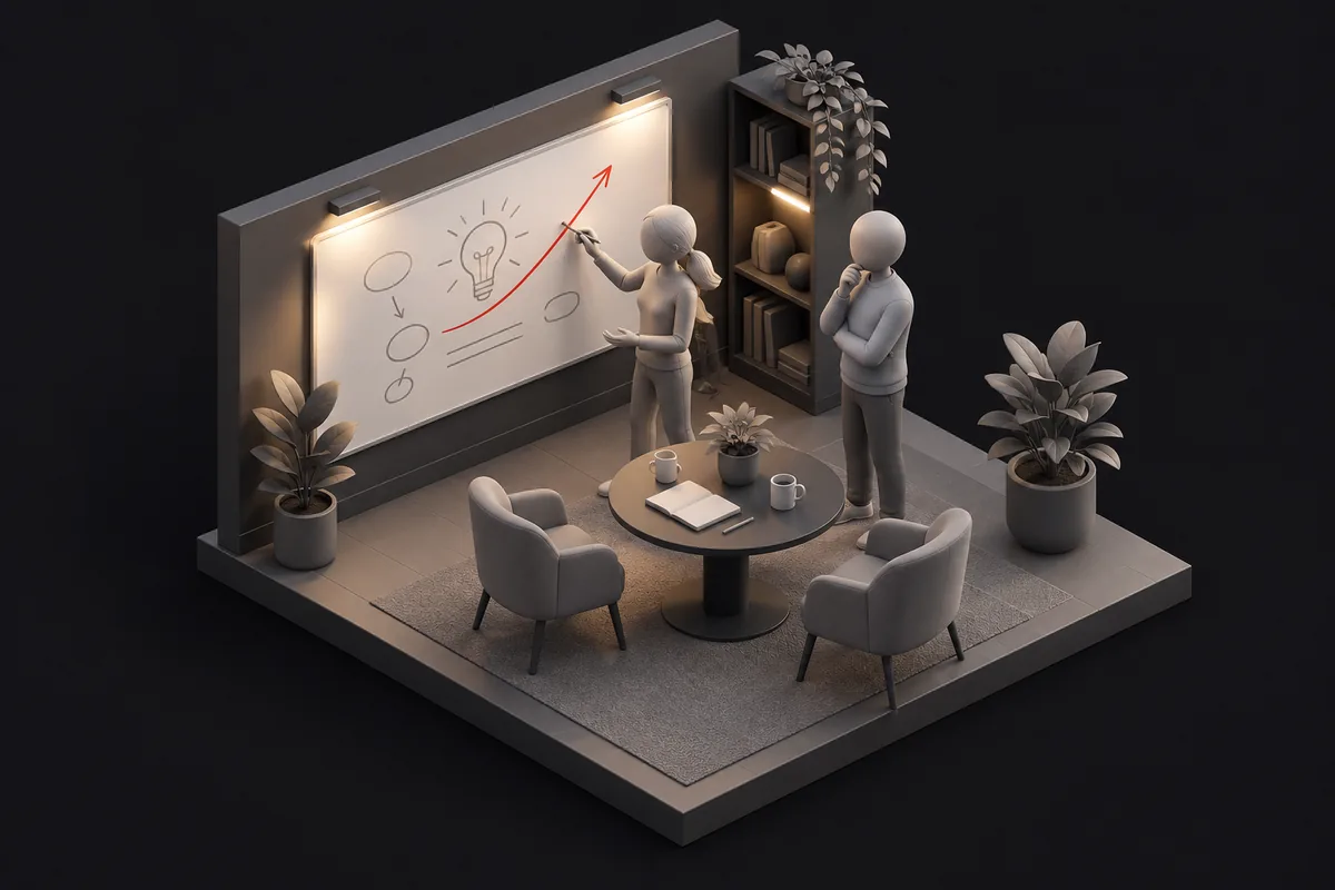 Two people sketching an improvement idea together at a whiteboard