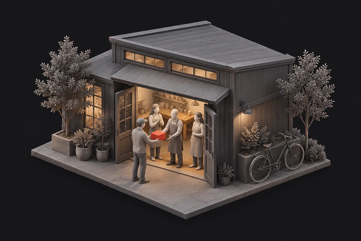 People at the door of a small workshop happily receiving a delivered box