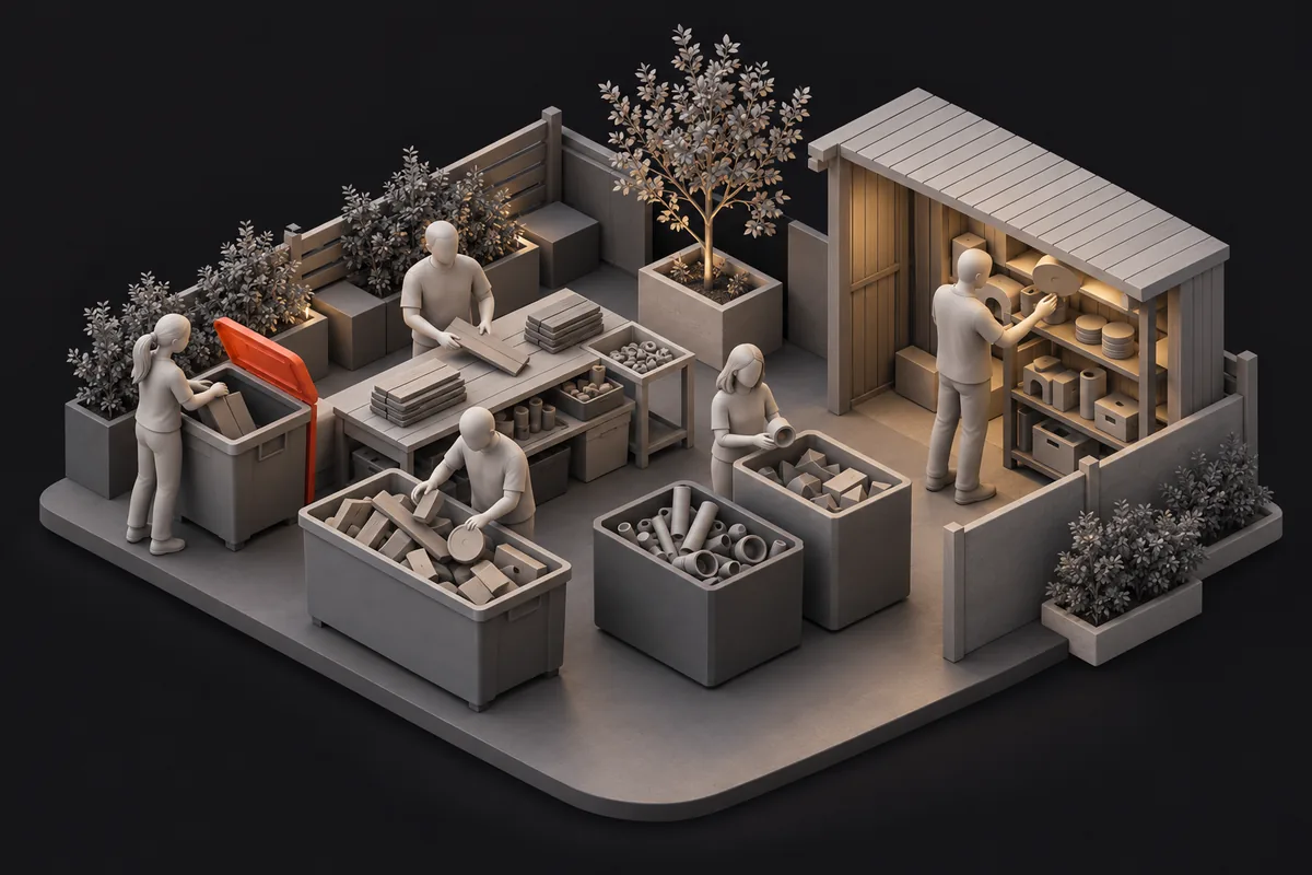 People sorting materials in a yard and shelving parts to reuse