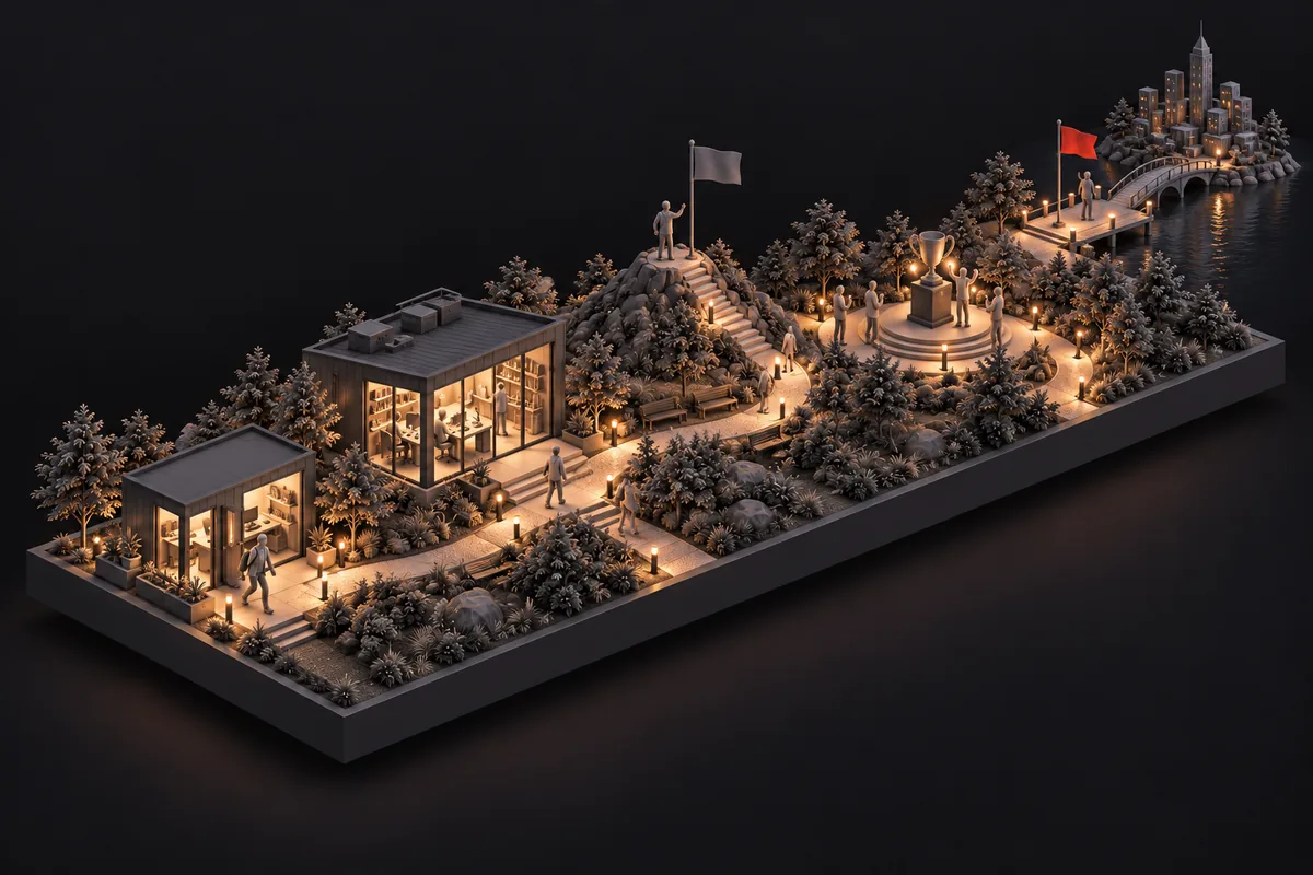 A road from a small office past a lab, a flag on a hill and a trophy, across the sea to a city