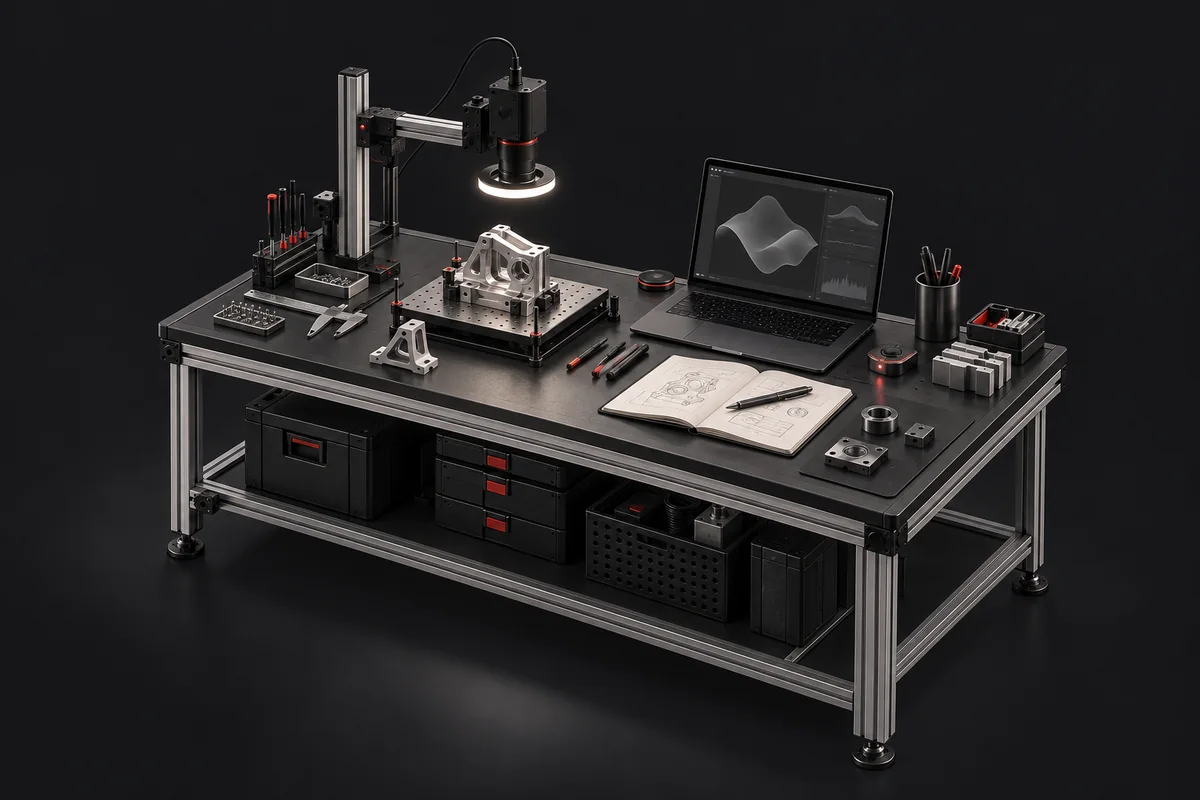 A workbench where prototype inspection equipment is assembled