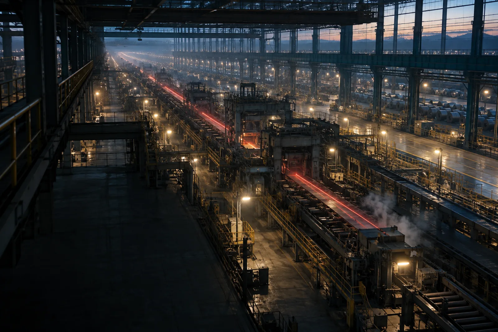 A high view of production lines stretching endlessly in the dawn light