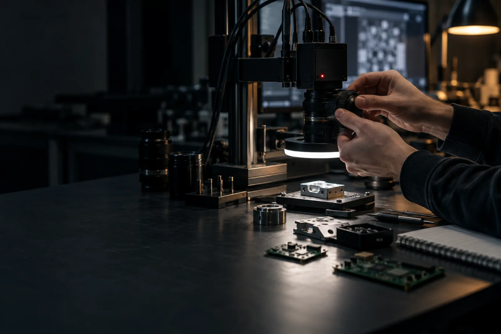 A hand adjusting a lens's focus at a machine vision research bench