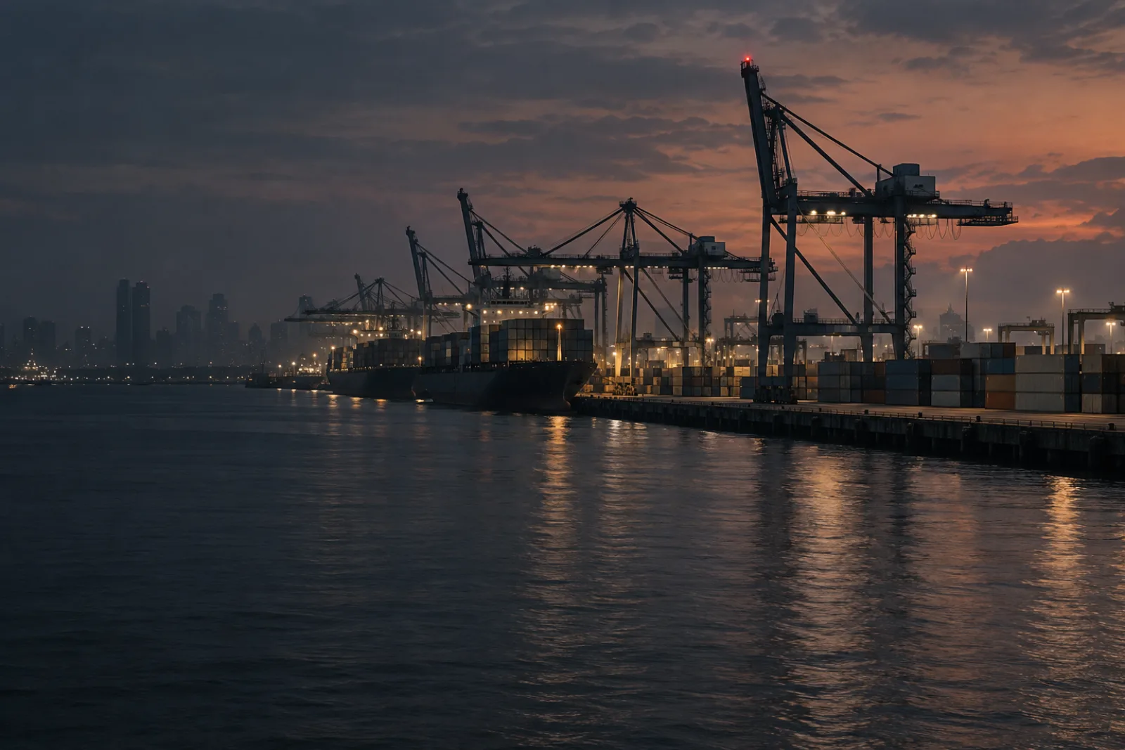 Cranes at a Southeast Asian port at dusk