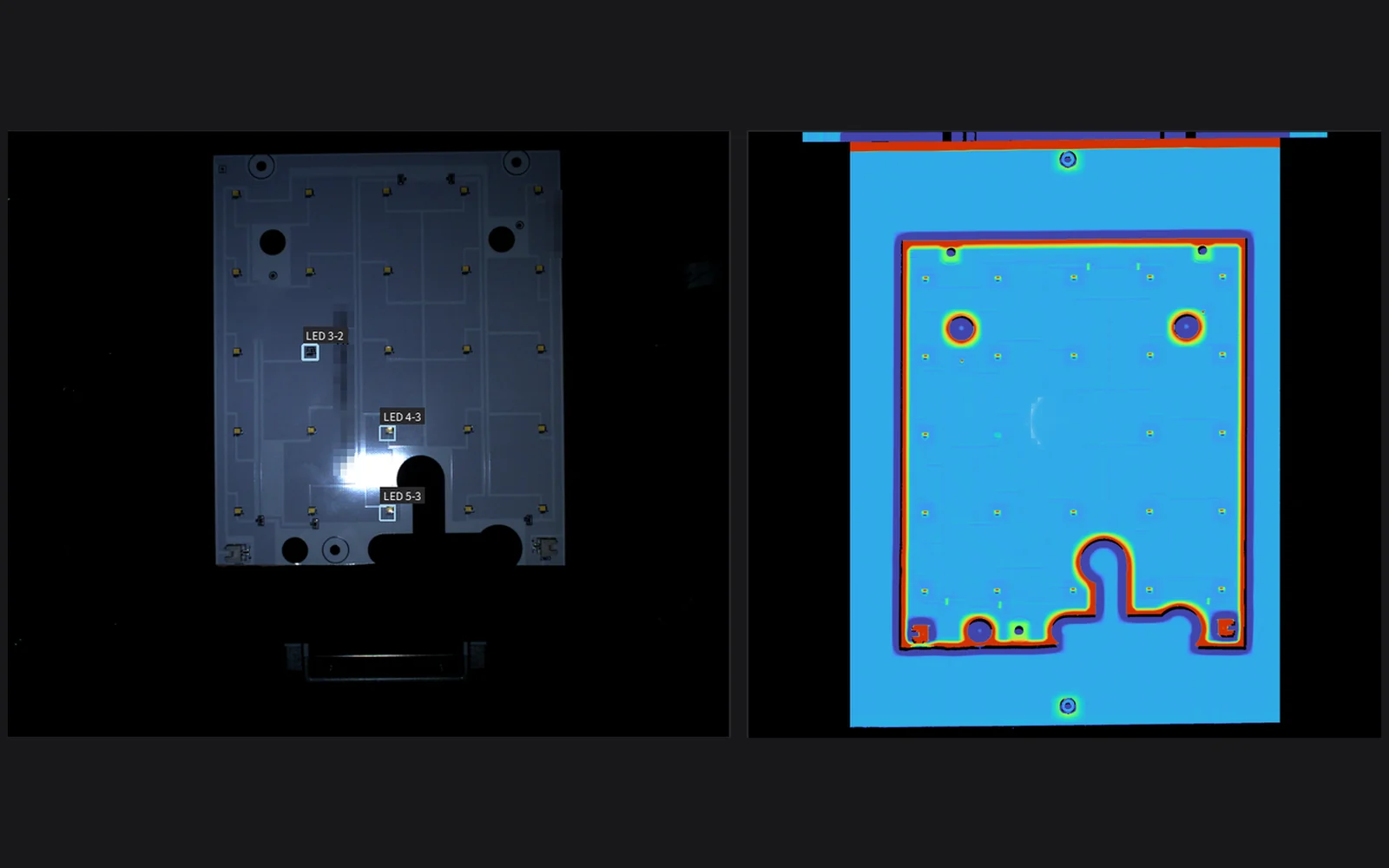 A real hyperQ VAI Edge screen inspecting an LED board with a colour photo and a 3D height map together