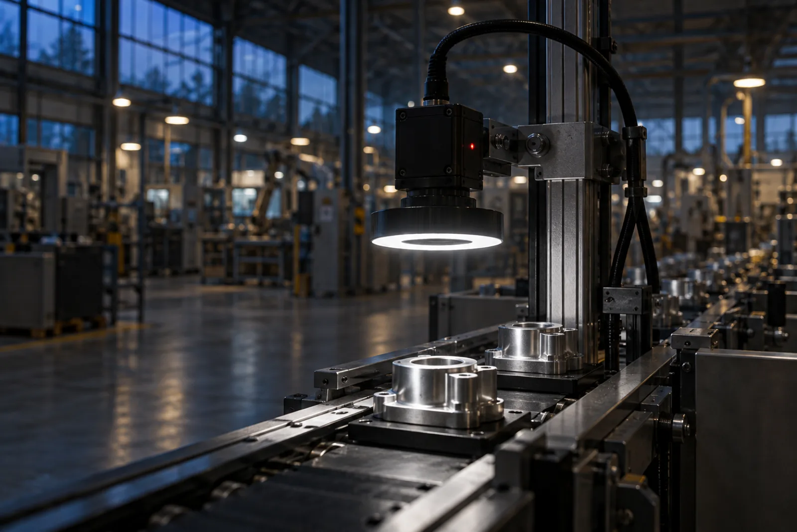 A ring-light camera lighting parts on a conveyor
