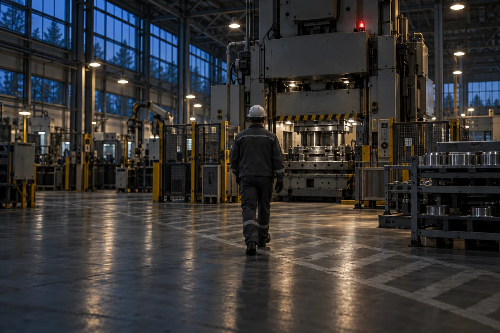 A worker seen from behind, walking into the danger zone in front of a press