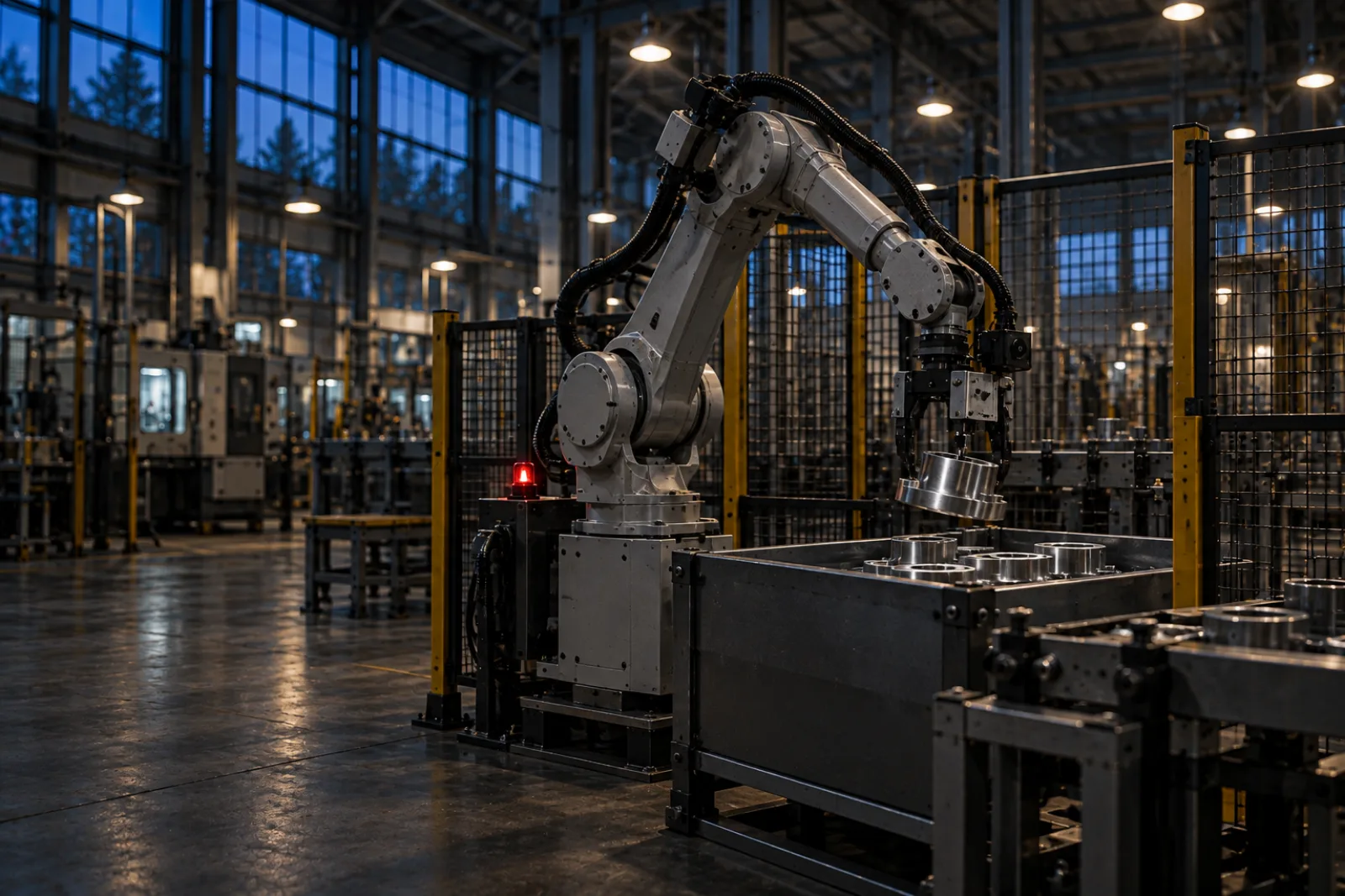 An industrial robot arm picking parts from a bin