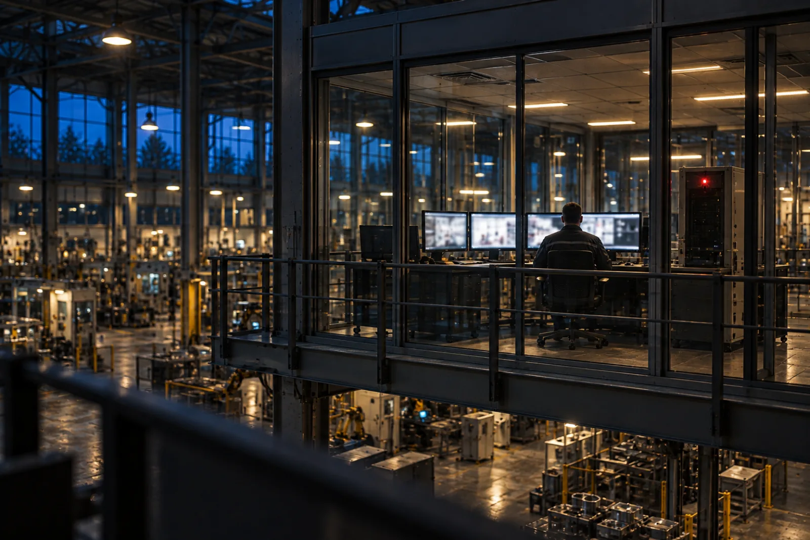 Monitors in a glass control room overlooking the factory